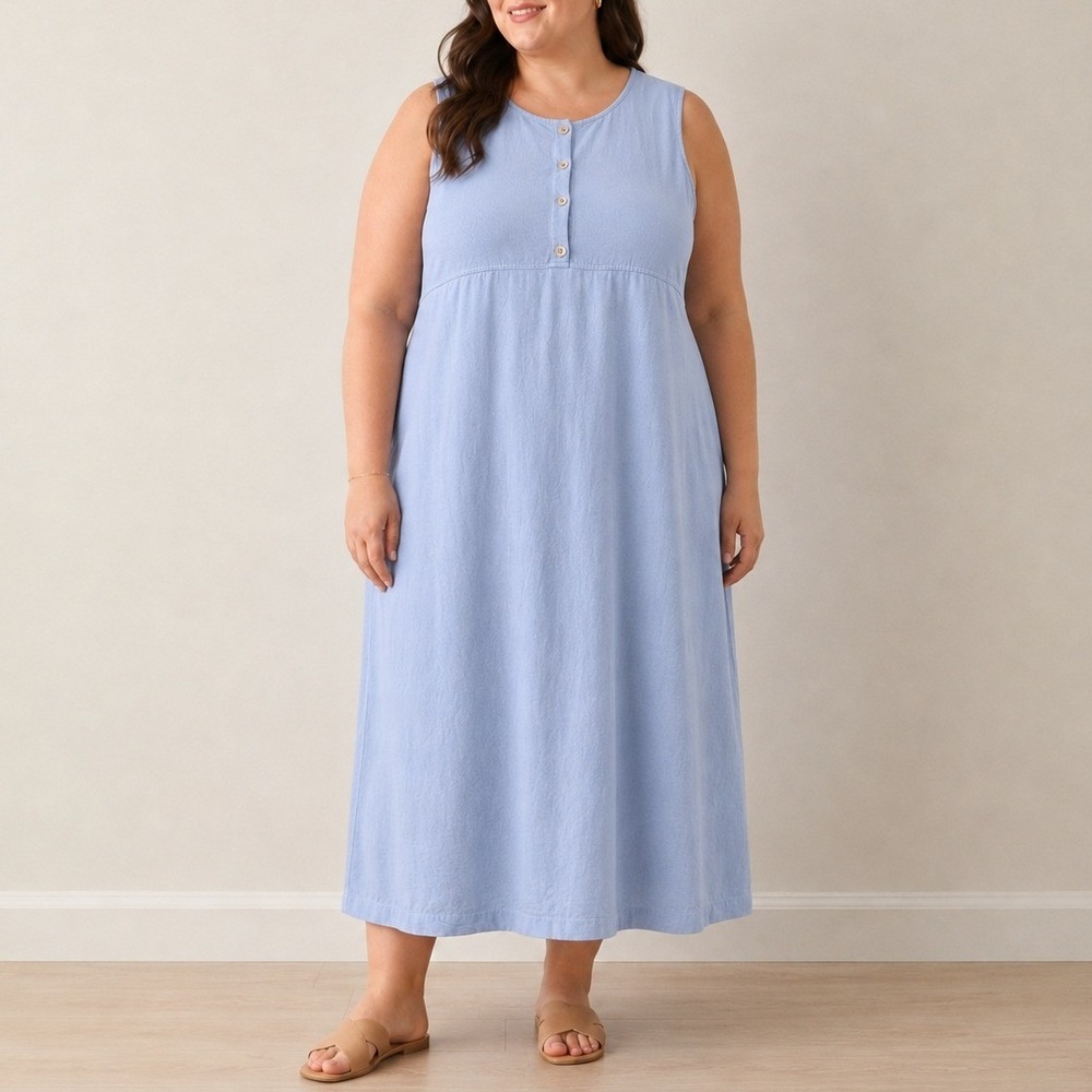VTG 90s Eileen Fisher Baby Blue Midi Dress 2X Tencel Cotton Made USA Minimalist